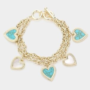 Gold Turquoise Heart Pearl Layered Chain Link Toggle Charm Bracelet Statement